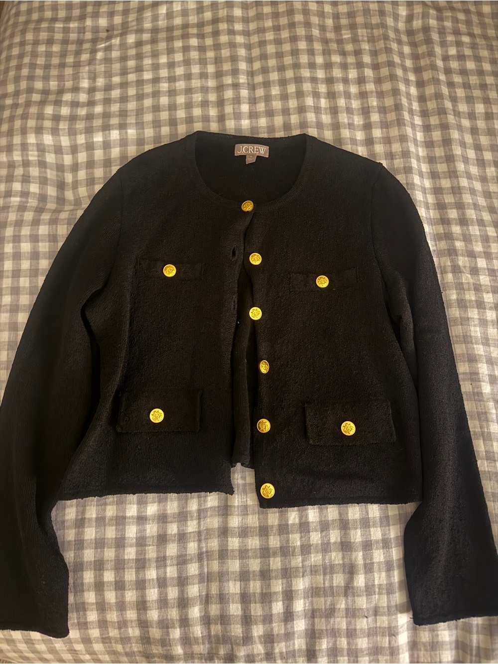 J. Crew Black Cropped Textured Jacket with Gold Buttons